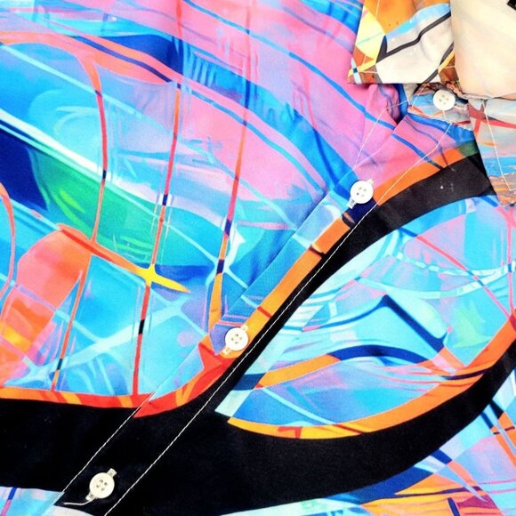 Mens 1XL Button-Up Short-Sleeve Vibrant Music Note Multicolor Abstract Print - Picture 5 of 12